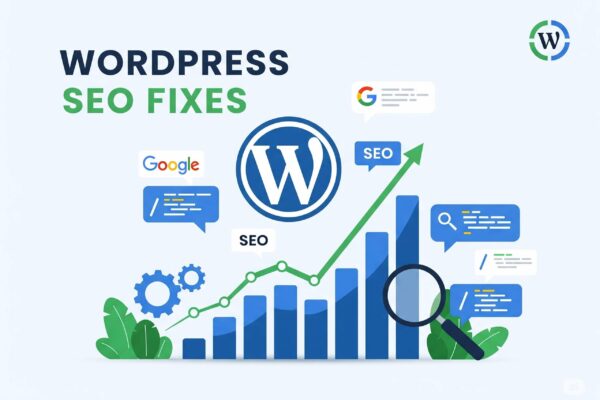 Featured image showing WordPress logo, SEO graph, and title text "WordPress SEO Fixes" in a digital tech-themed layout.