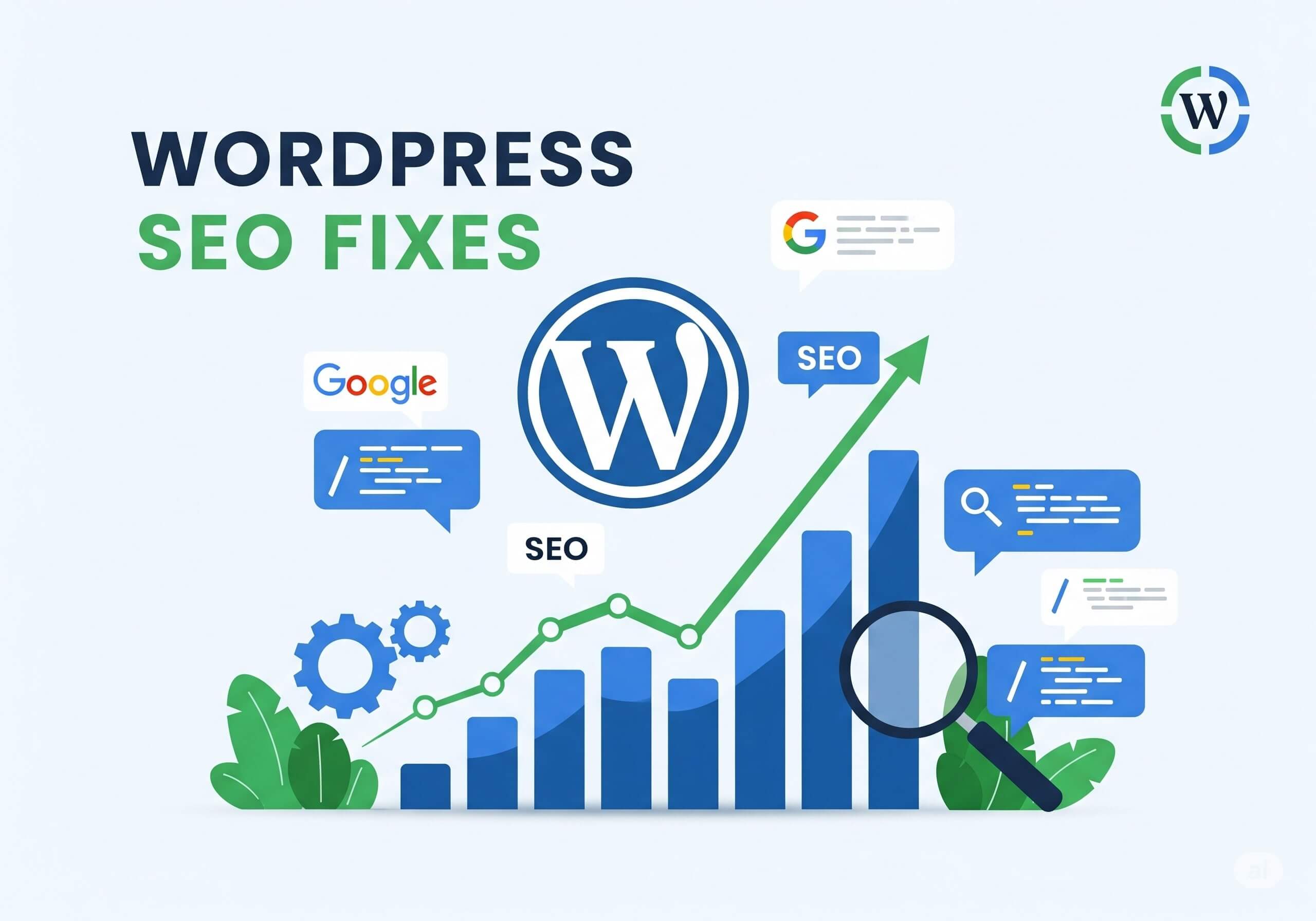 Featured image showing WordPress logo, SEO graph, and title text "WordPress SEO Fixes" in a digital tech-themed layout.