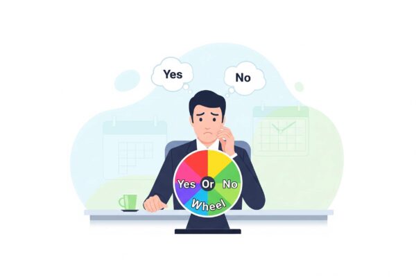 Person using a Yes or No Wheel to make a quick decision, surrounded by thought bubbles and time-saving icons.