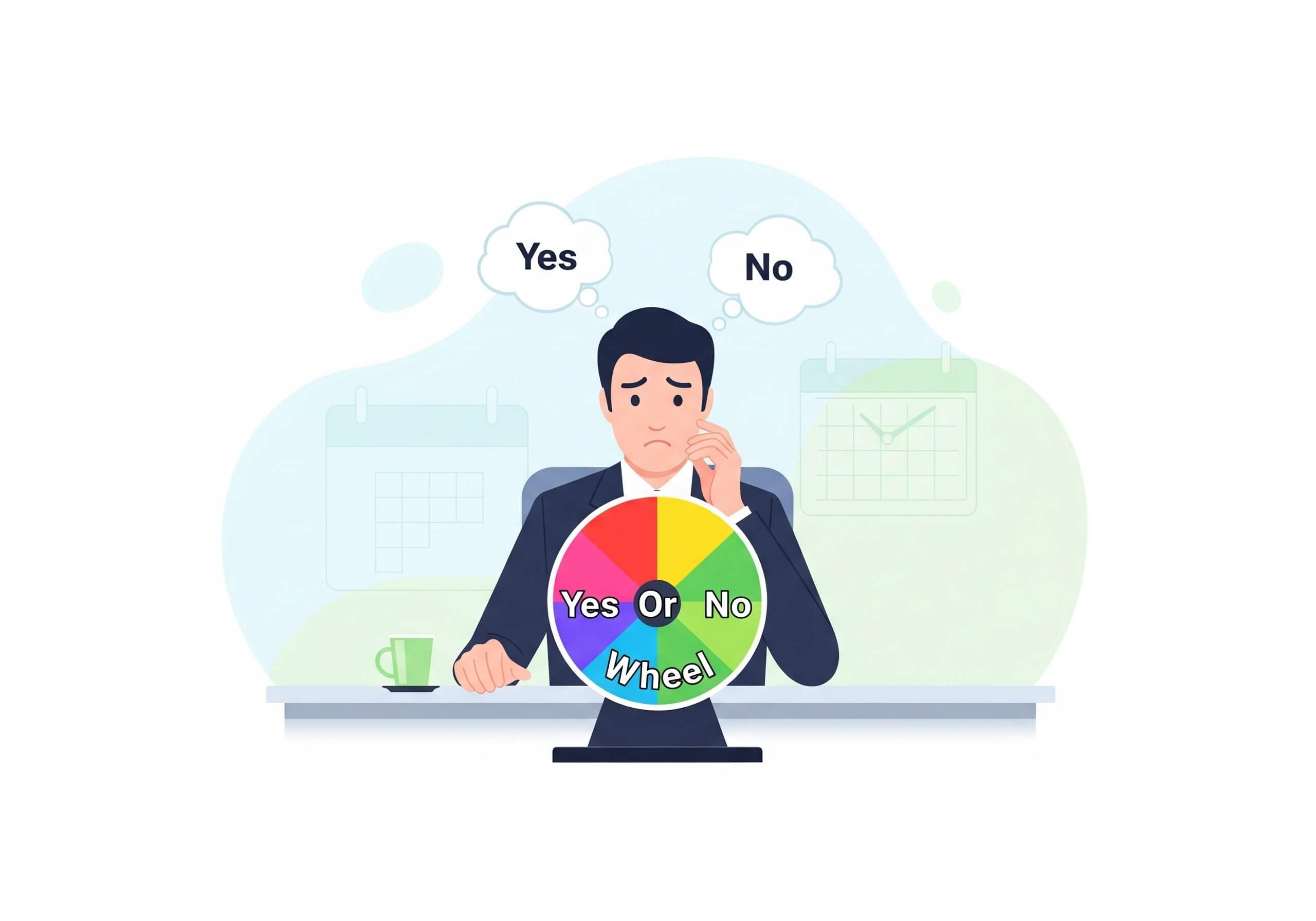 Person using a Yes or No Wheel to make a quick decision, surrounded by thought bubbles and time-saving icons.