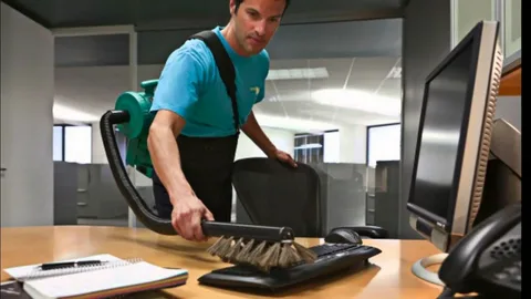 Professional cleaner deepcelaning the office wearing uniform