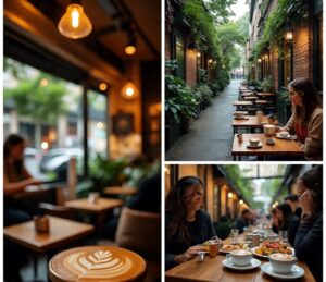 Collage of hidden cafes in Sydney with cozy seating, latte art, and creative brunch dishes