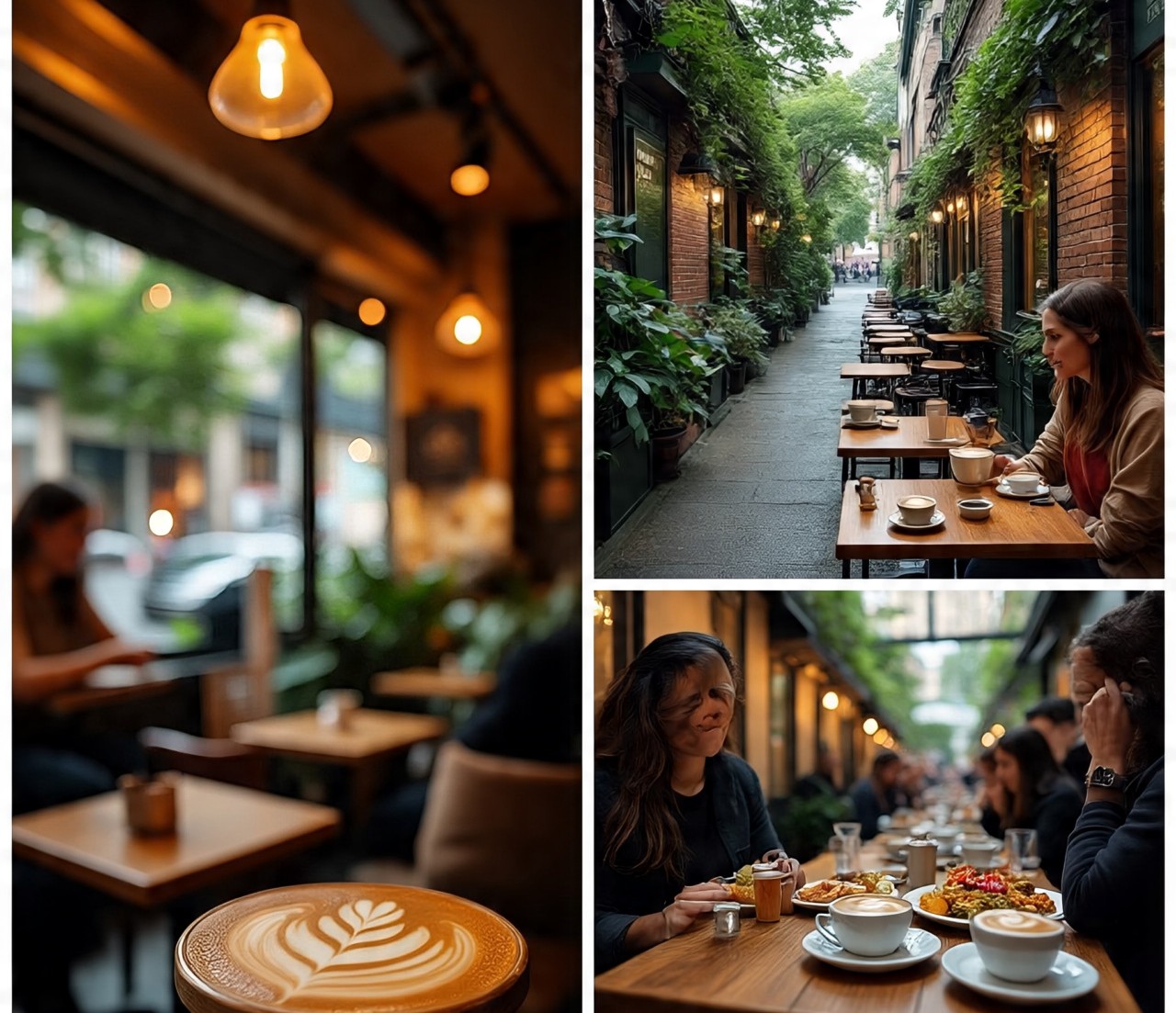 Collage of hidden cafes in Sydney with cozy seating, latte art, and creative brunch dishes