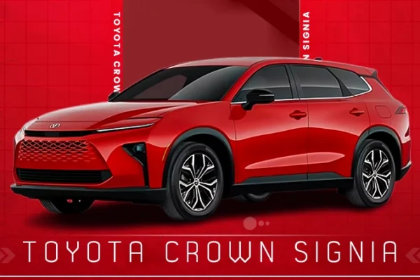 Front and side view of the 2025 Toyota Crown Signia hybrid SUV featuring sleek design, LED lighting, and coupe-style silhouette.