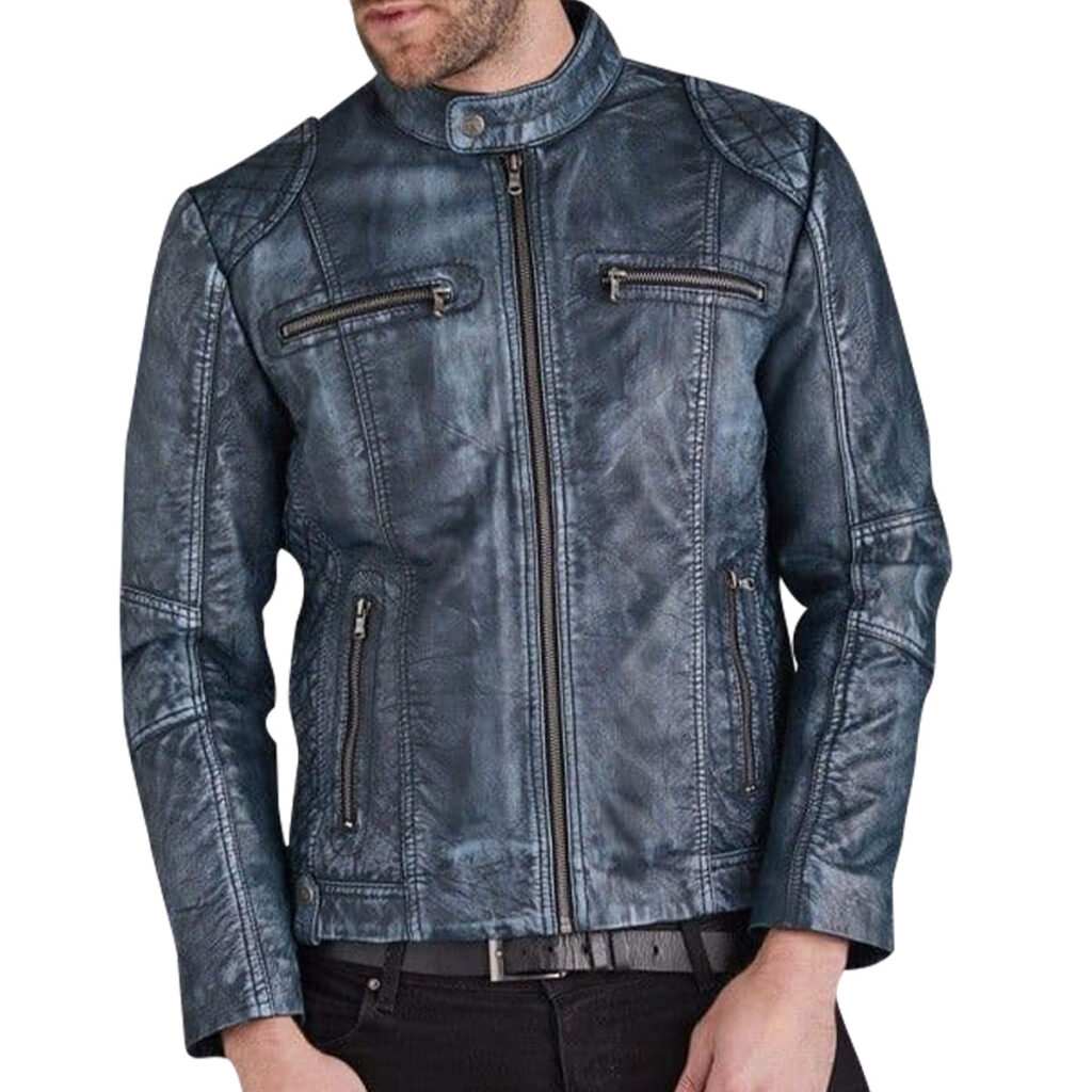 Blue leather biker jacket styled with white tee and dark denim