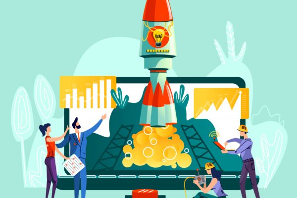 Illustration of a rocket launching with a digital team at control, symbolizing growth, innovation, and brand loyalty through gamified marketing strategies.