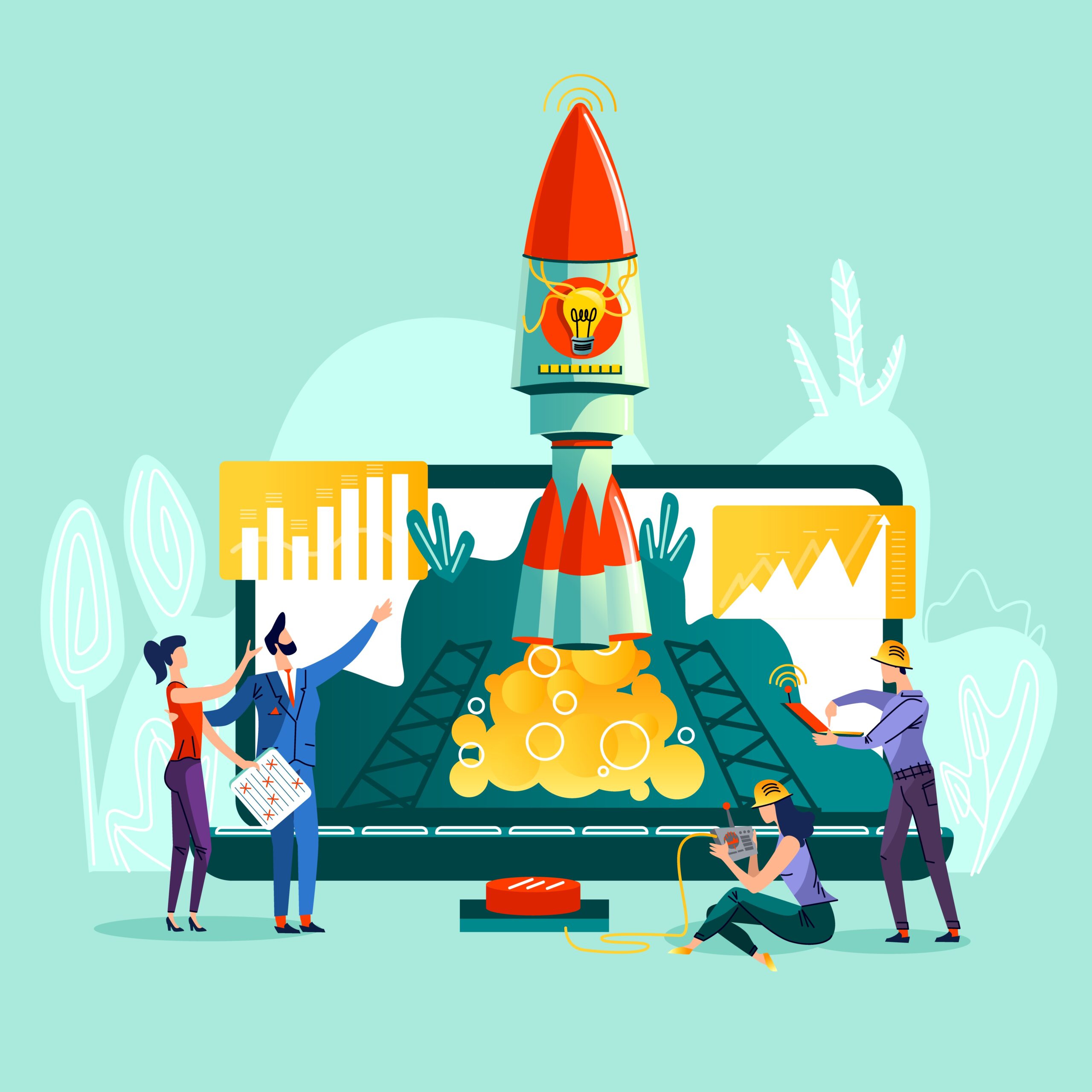Illustration of a rocket launching with a digital team at control, symbolizing growth, innovation, and brand loyalty through gamified marketing strategies.